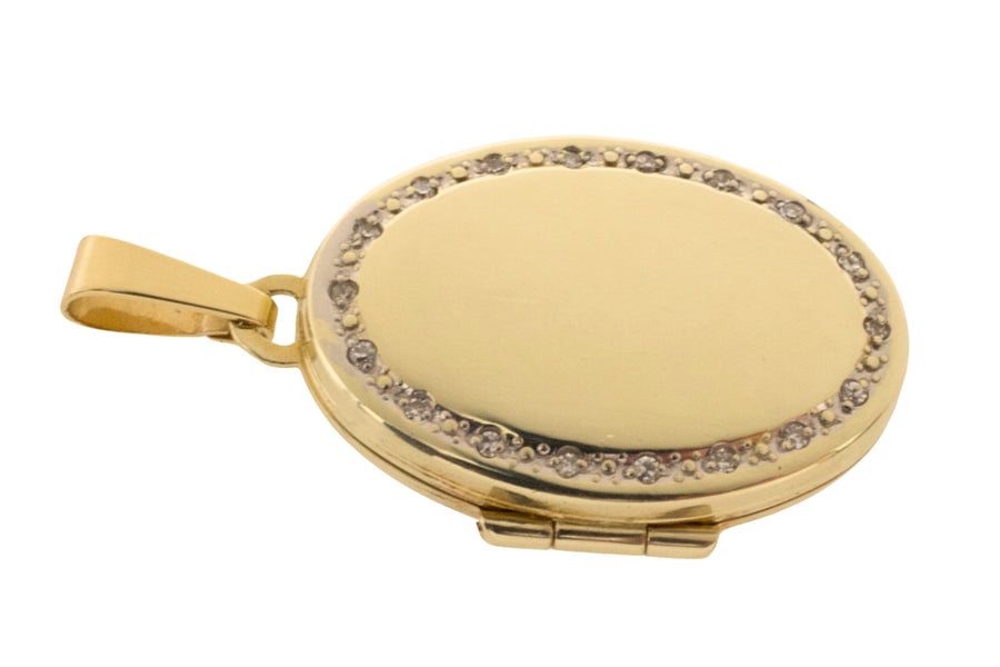 Gold photo locket with diamonds-Pendants-The Antique Ring Shop