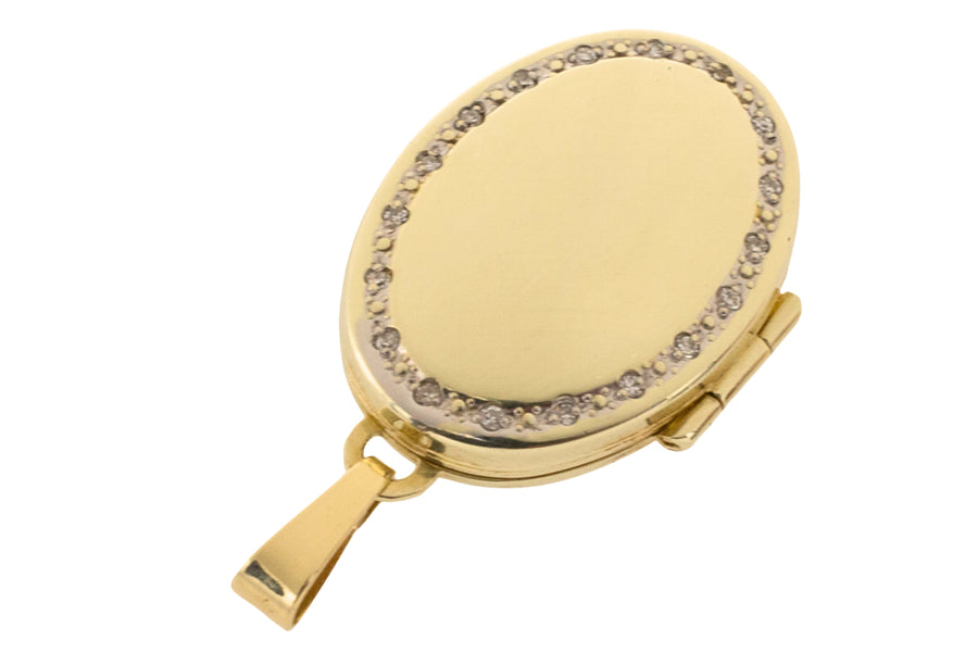 Gold photo locket with diamonds-Pendants-The Antique Ring Shop