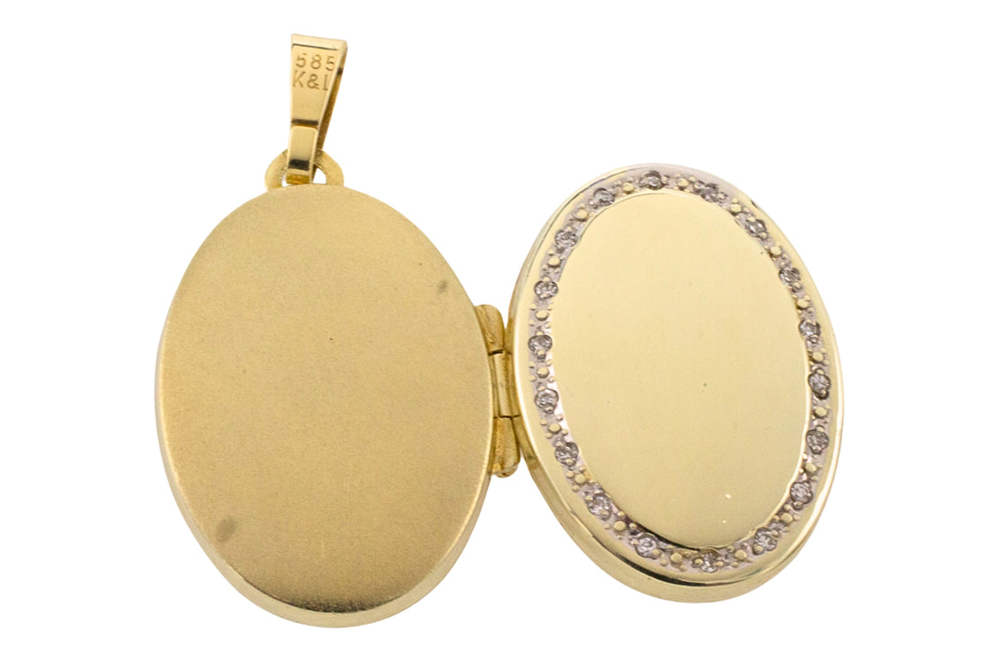 Gold photo locket with diamonds-Pendants-The Antique Ring Shop