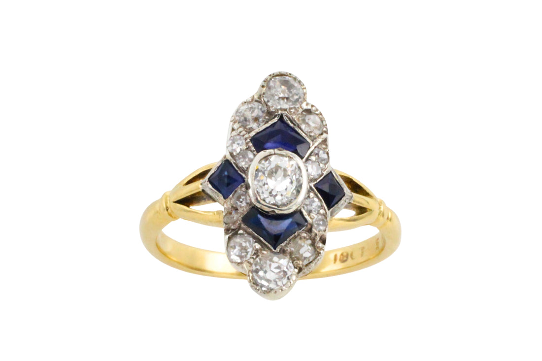 Edwardian sapphire and diamond navette ring-Antique rings-The Antique Ring Shop