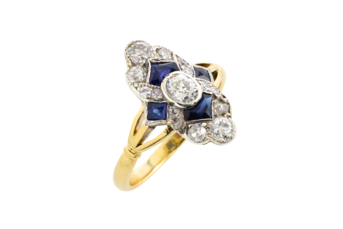 Edwardian sapphire and diamond navette ring-Antique rings-The Antique Ring Shop