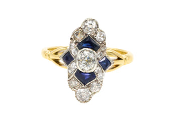 Edwardian sapphire and diamond navette ring-Antique rings-The Antique Ring Shop