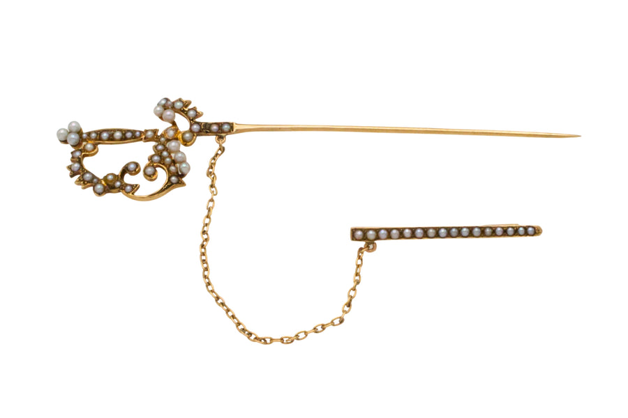 14 carat gold sword pin with pearls-Brooches-The Antique Ring Shop