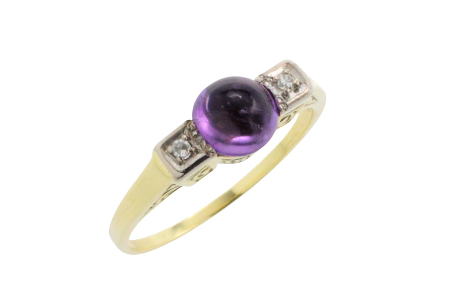 Cabochon amethyst ring with diamonds-Vintage Rings-The Antique Ring Shop