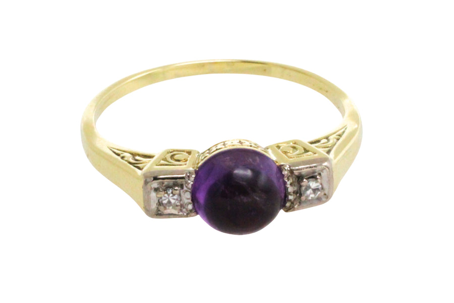 Cabochon amethyst ring with diamonds-Vintage Rings-The Antique Ring Shop