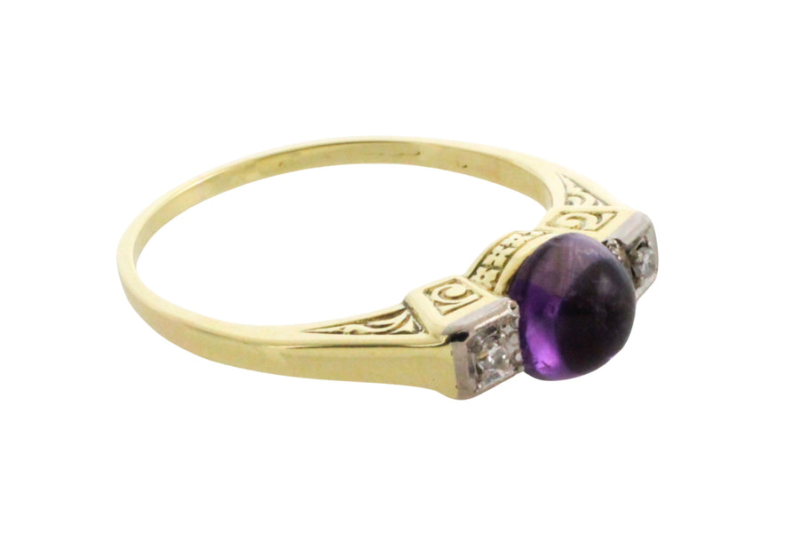 Cabochon amethyst ring with diamonds-Vintage Rings-The Antique Ring Shop