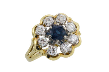 Vintage sapphire and diamond cluster ring-engagement rings-The Antique Ring Shop