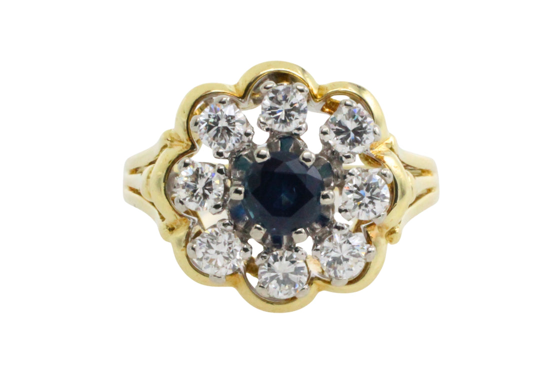 Vintage sapphire and diamond cluster ring-engagement rings-The Antique Ring Shop