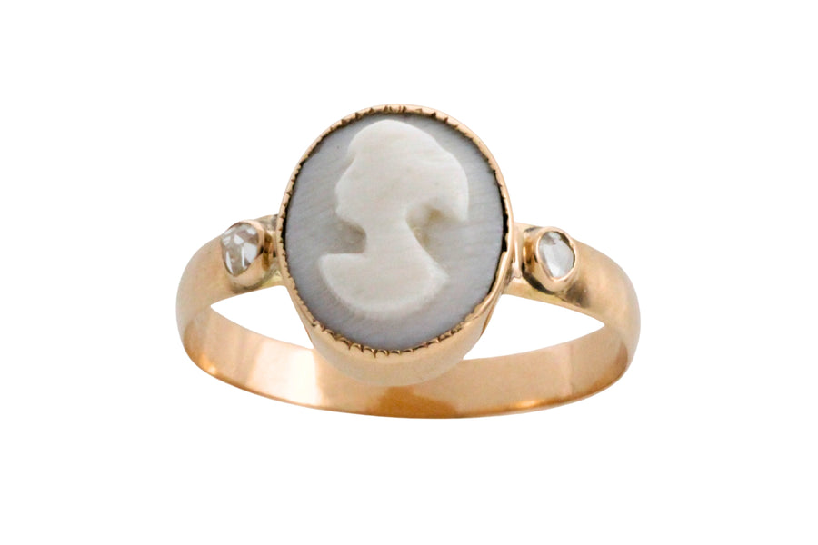 Cameo and rose diamond ring in 14 carat gold-Vintage Rings-The Antique Ring Shop