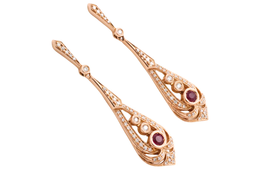 Ruby and diamond pendant earrings in rose gold-Earrings-The Antique Ring Shop