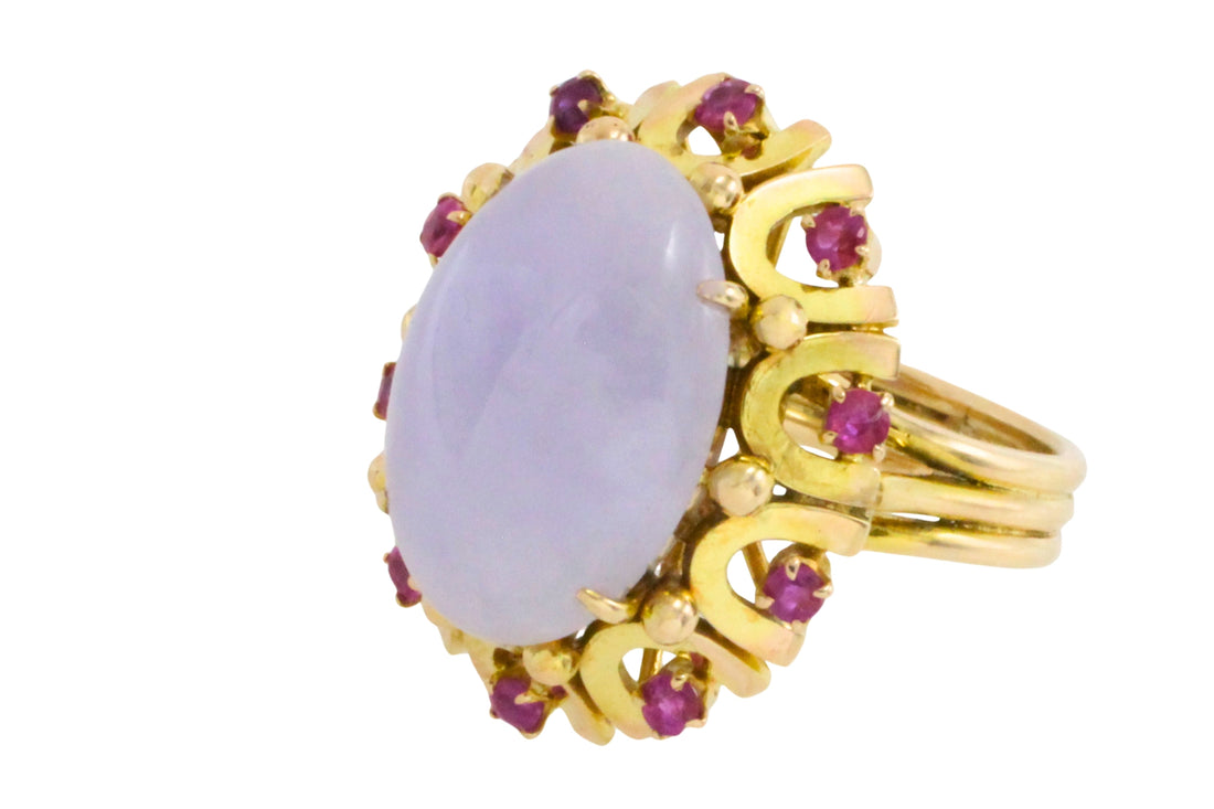 Cabochon lavender jade and ruby ring-Vintage Rings-The Antique Ring Shop