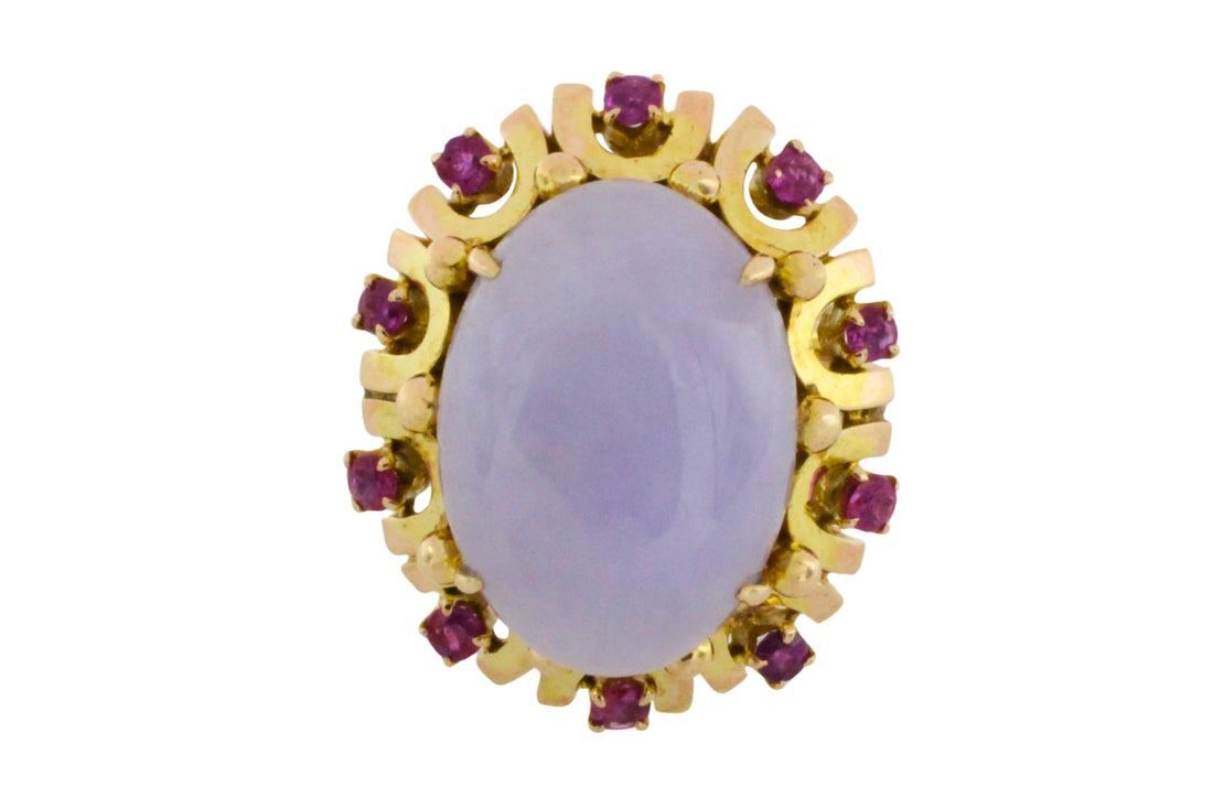Cabochon lavender jade and ruby ring-Vintage Rings-The Antique Ring Shop