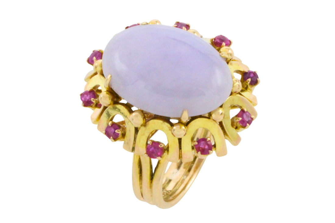 Cabochon lavender jade and ruby ring-Vintage Rings-The Antique Ring Shop