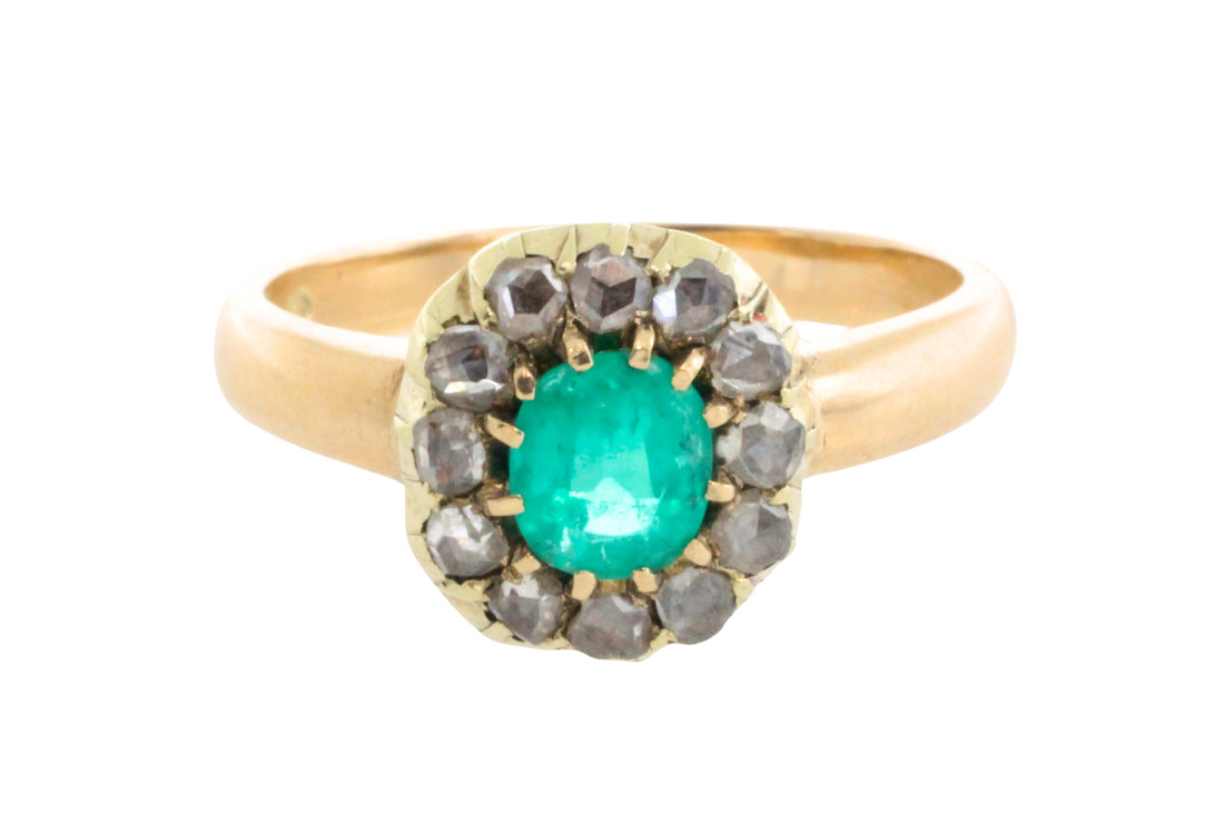 Emerald and rose diamond ring in 14 carat gold-Antique rings-The Antique Ring Shop