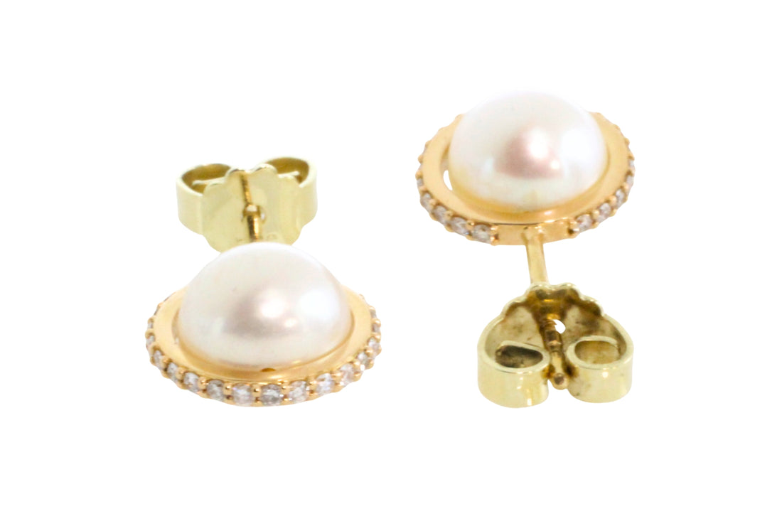 Pearl studs with diamond halos-Earrings-The Antique Ring Shop