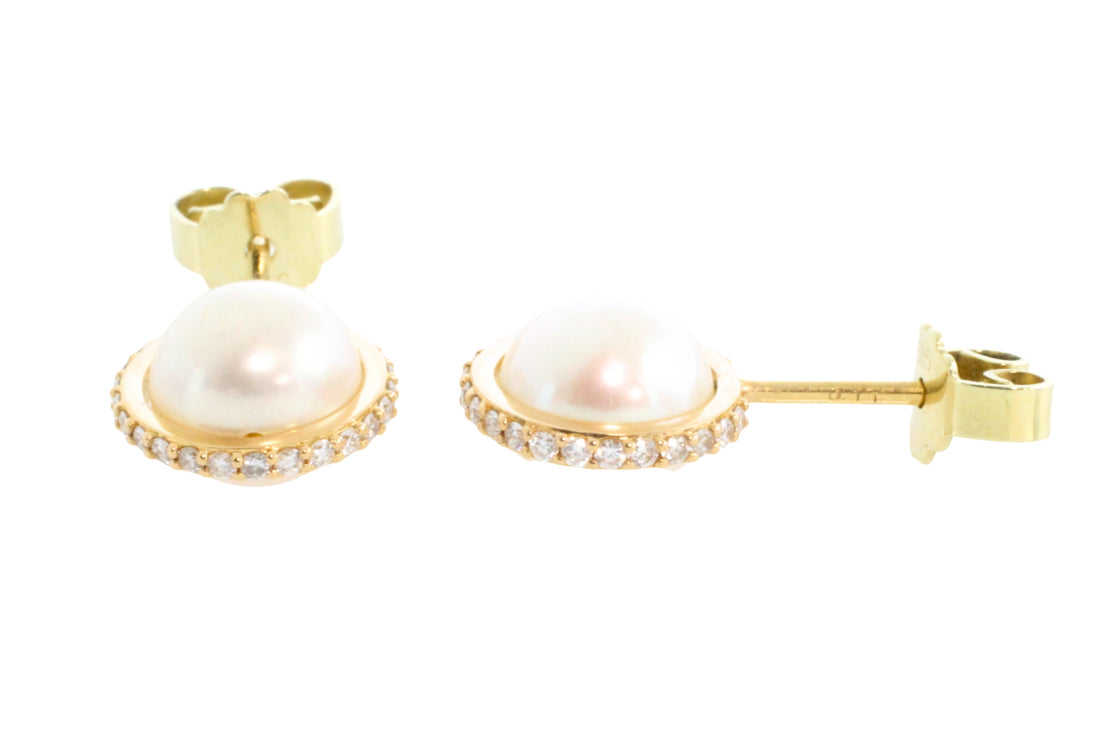 Pearl studs with diamond halos-Earrings-The Antique Ring Shop