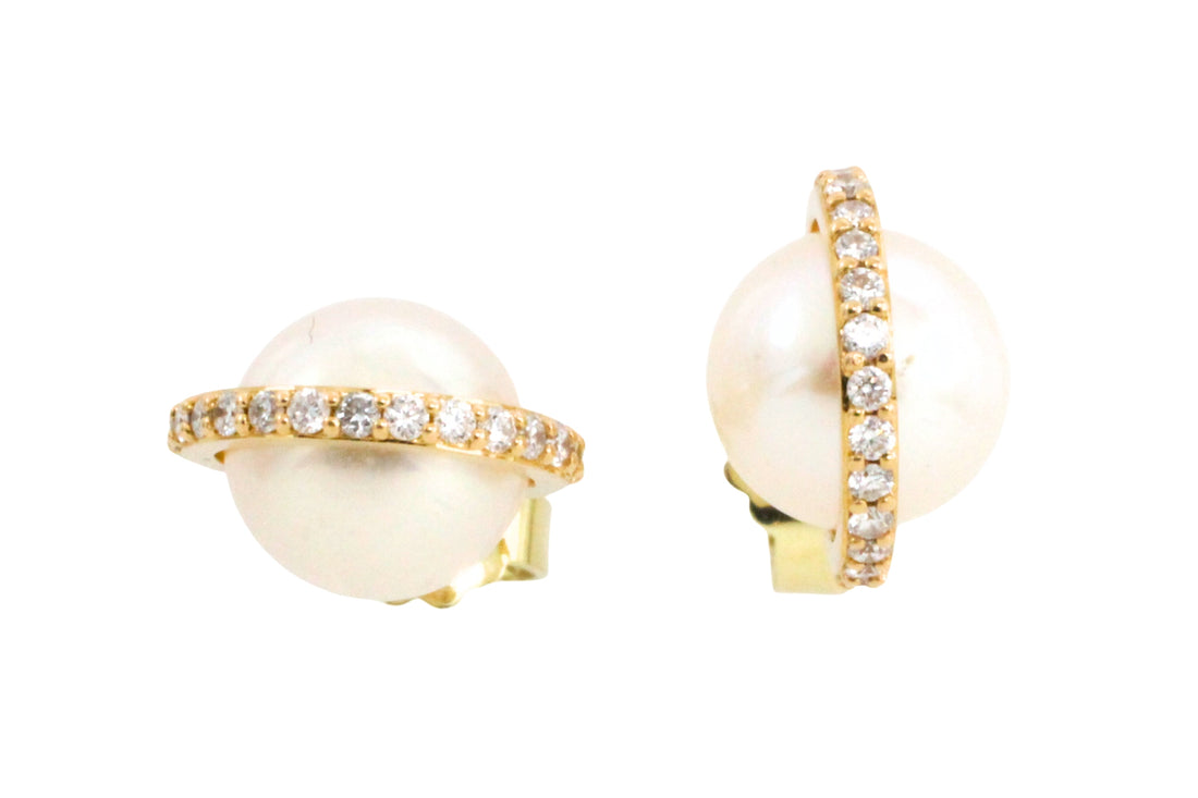 Pearl studs with diamond halos-Earrings-The Antique Ring Shop