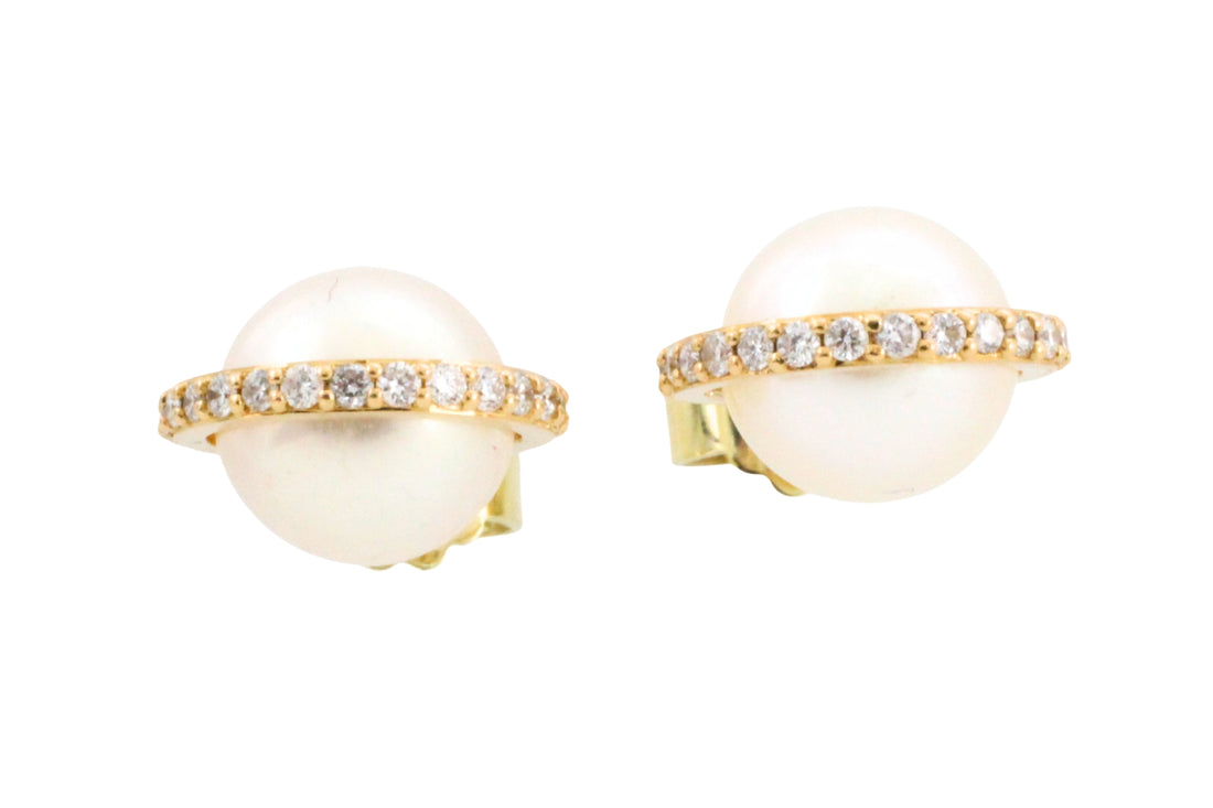 Pearl studs with diamond halos-Earrings-The Antique Ring Shop
