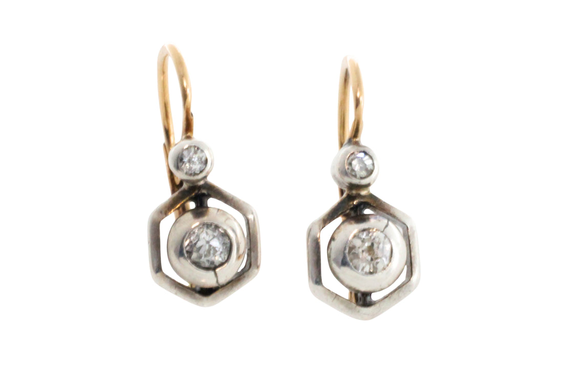 Antique diamond earrings in 14 carat gold and silver-Earrings-The Antique Ring Shop