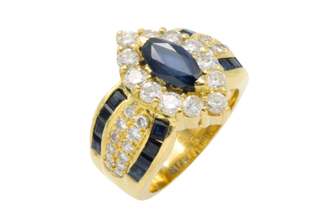 Marquise sapphire and diamond ring in 18 carat gold-Vintage Rings-The Antique Ring Shop