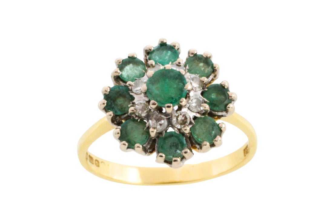 Vintage emerald and diamond cluster ring-Vintage Rings-The Antique Ring Shop