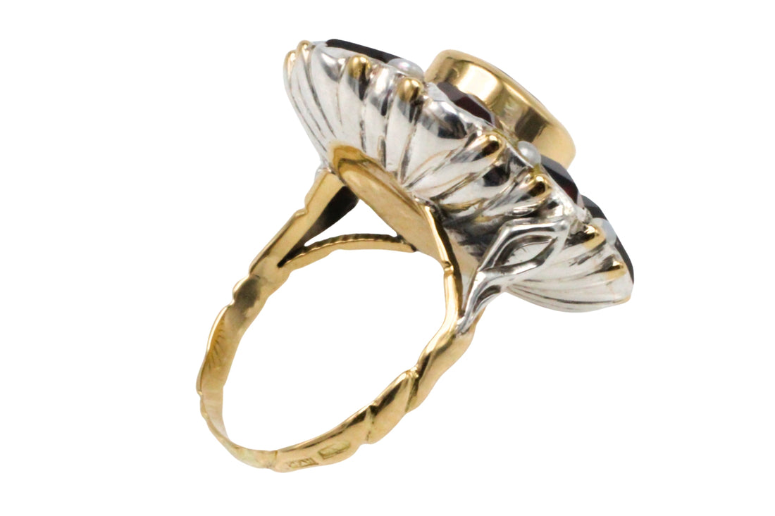 Vintage garnet and pearl ring in 14 carat gold and silver-Vintage Rings-The Antique Ring Shop