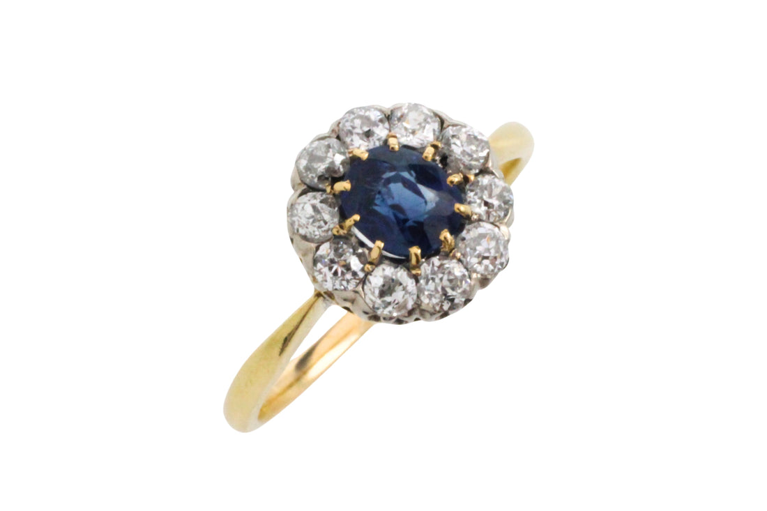 Edwardian sapphire an old cut diamond cluster ring-Antique rings-The Antique Ring Shop