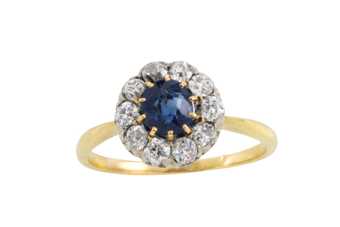 Edwardian sapphire an old cut diamond cluster ring-Antique rings-The Antique Ring Shop