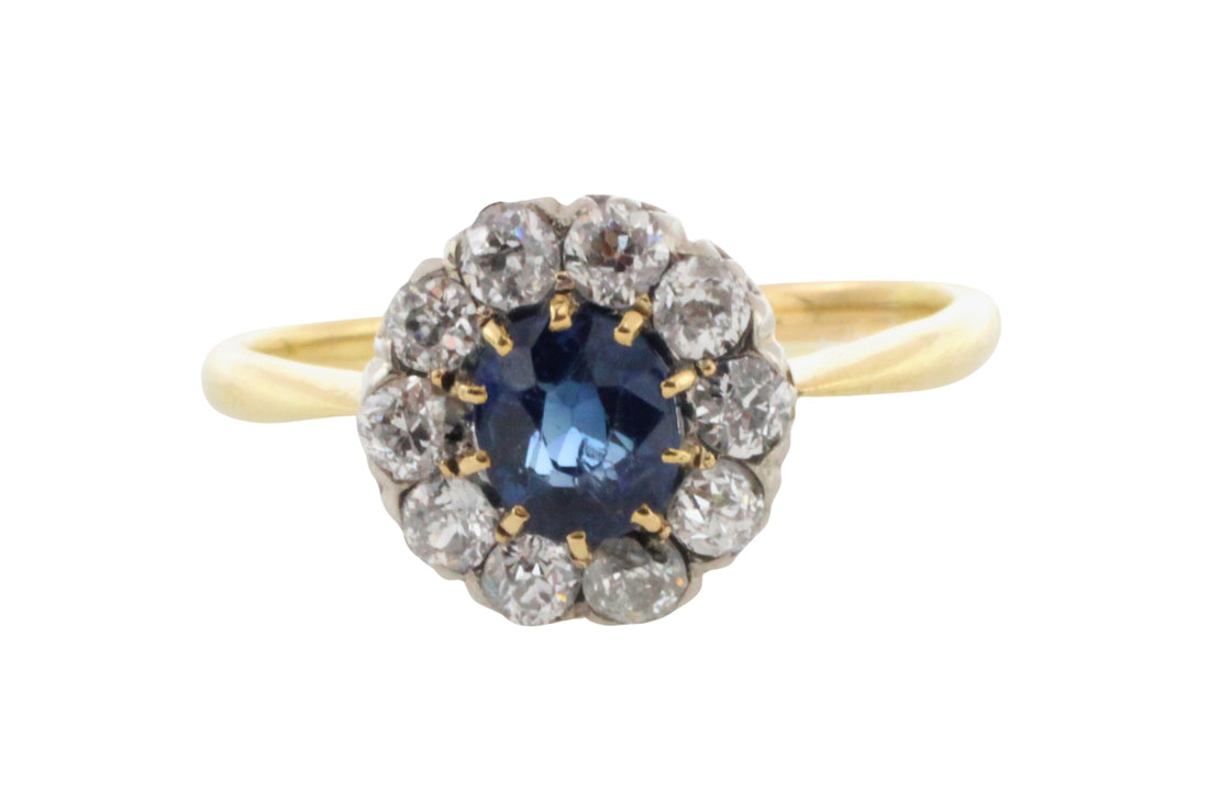 Edwardian sapphire an old cut diamond cluster ring-Antique rings-The Antique Ring Shop