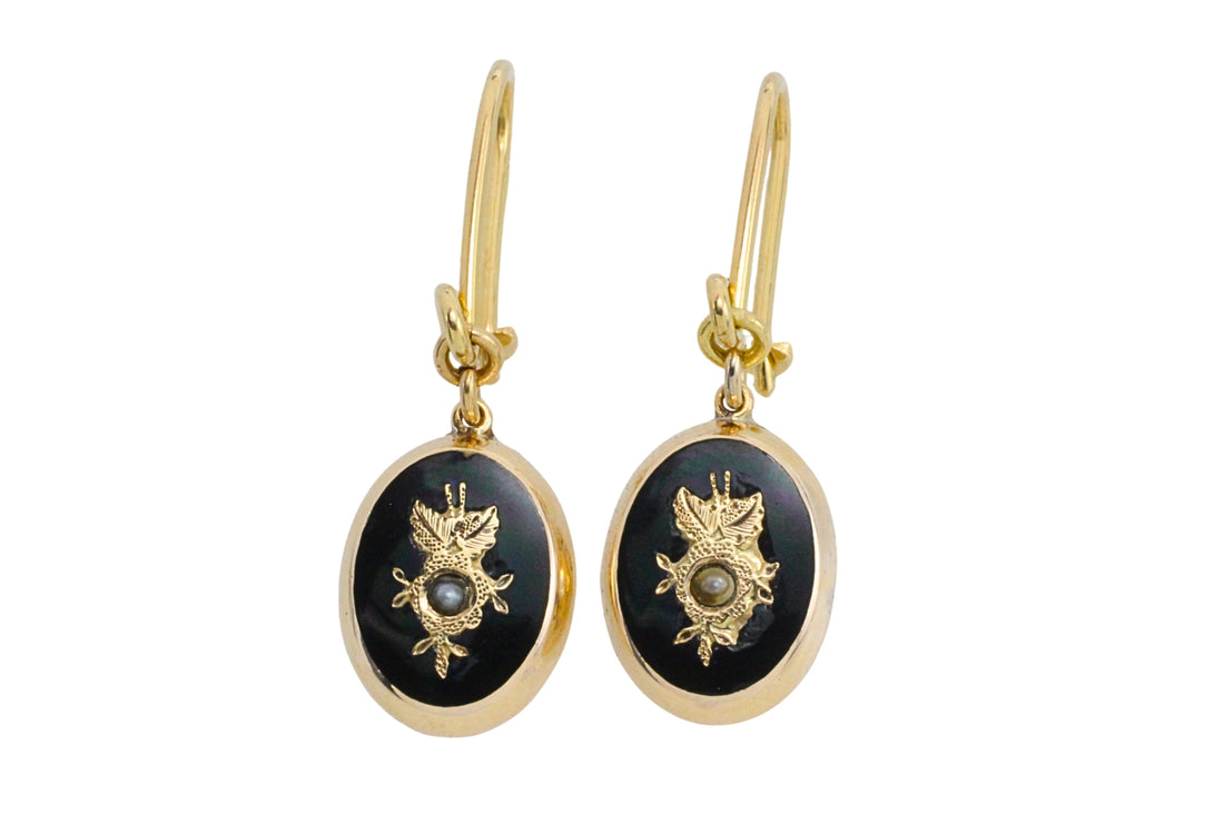 Onyx and pearl earrings in 14 carat gold-Earrings-The Antique Ring Shop