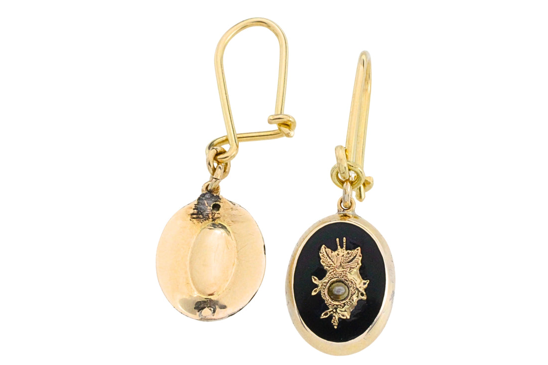 Onyx and pearl earrings in 14 carat gold-Earrings-The Antique Ring Shop