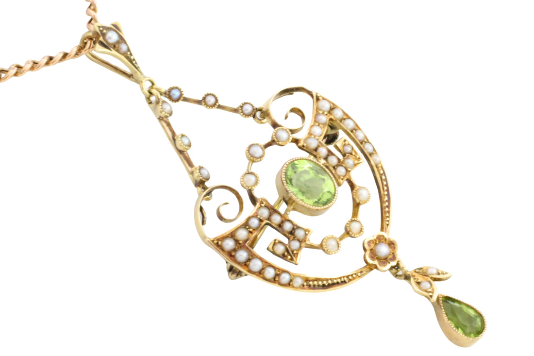 Peridot and pearl pendant and chain-Pendants-The Antique Ring Shop