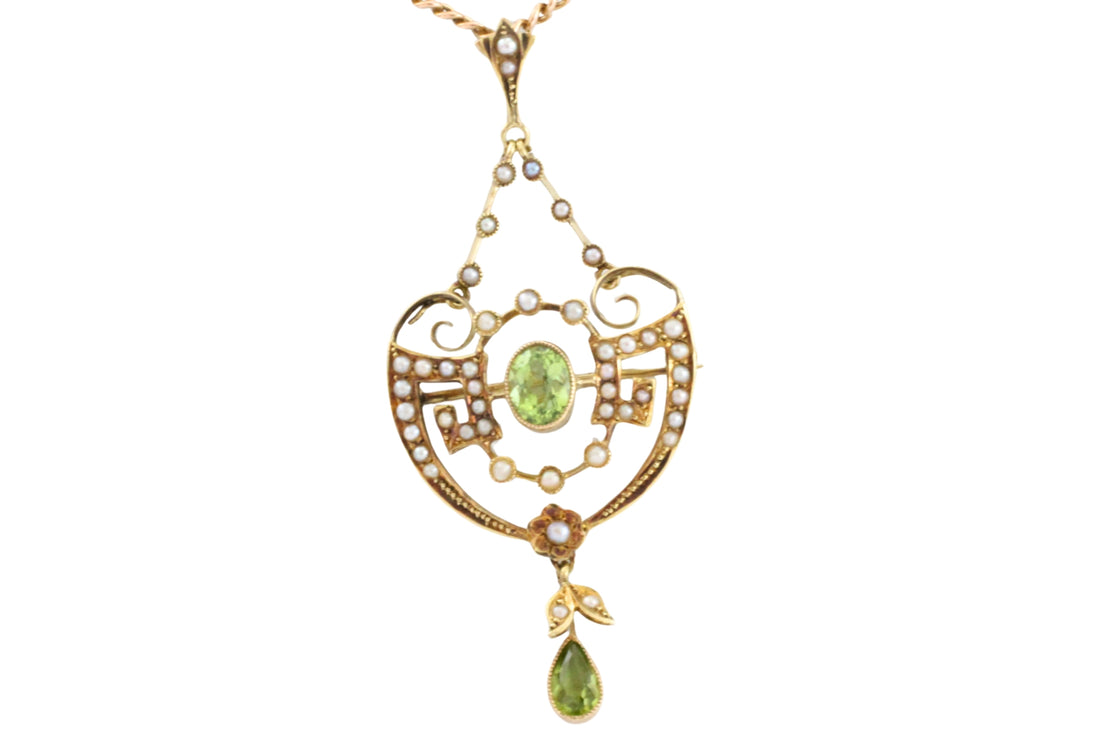Peridot and pearl pendant and chain-Pendants-The Antique Ring Shop