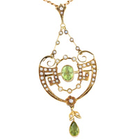 Peridot and pearl pendant and chain-Pendants-The Antique Ring Shop