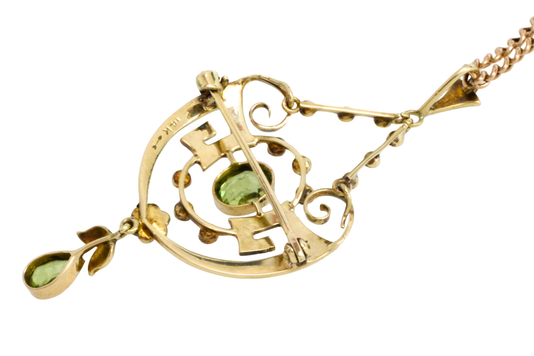 Peridot and pearl pendant and chain-Pendants-The Antique Ring Shop