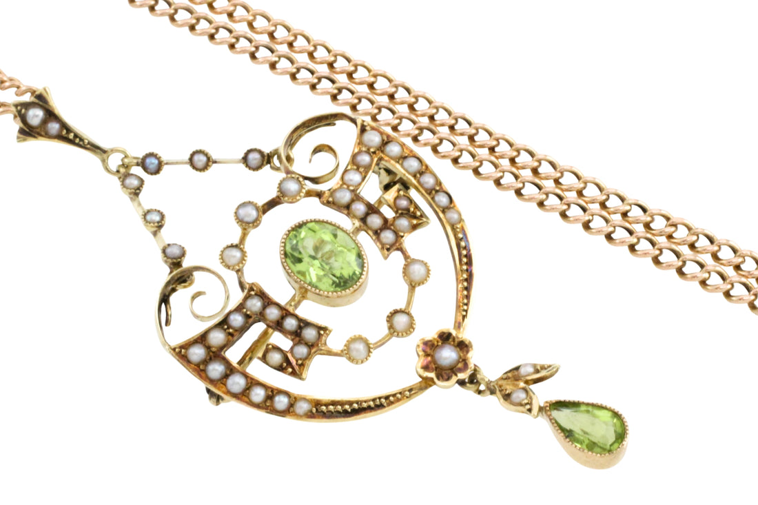 Peridot and pearl pendant and chain-Pendants-The Antique Ring Shop