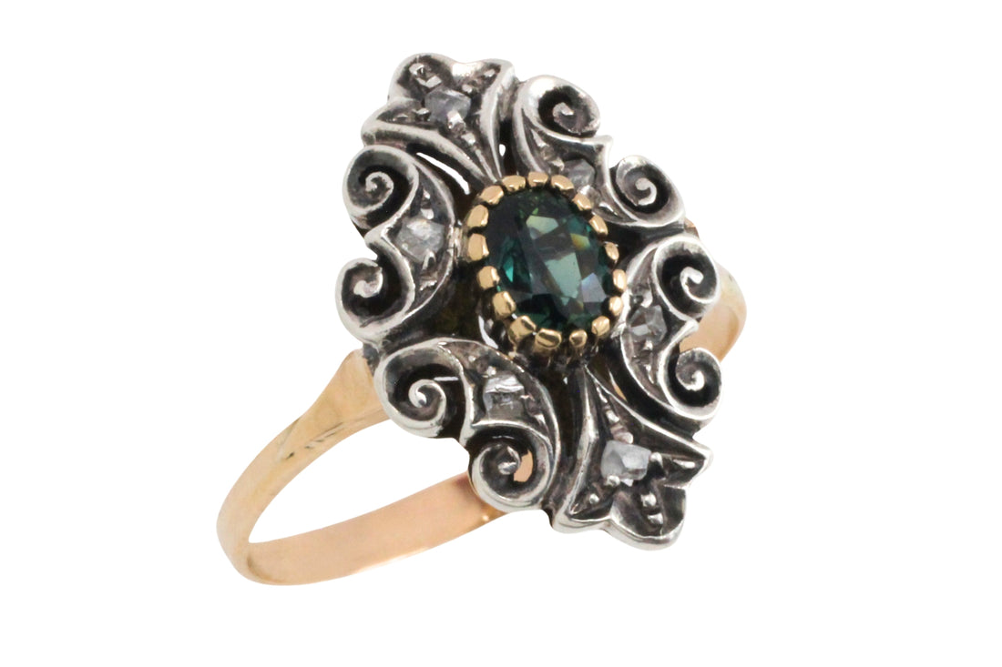 Sapphire and rose diamond ring in silver and gold