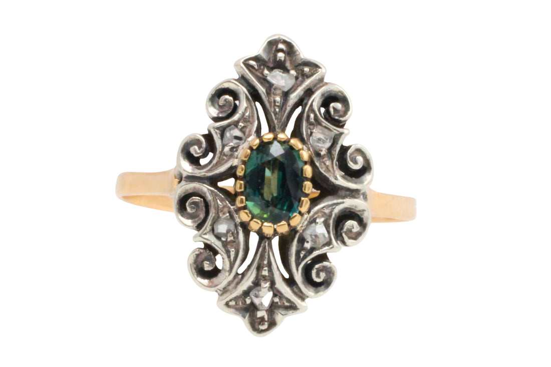 Sapphire and rose diamond ring in silver and gold