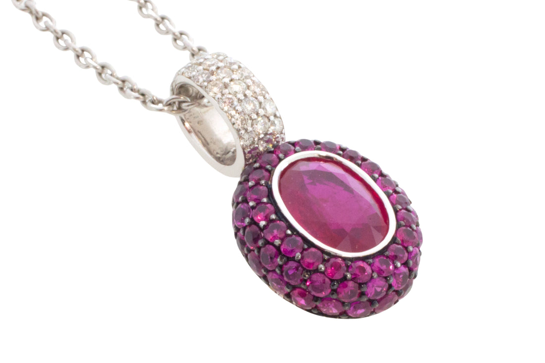 Ruby and diamond pendant in white gold-Pendants-The Antique Ring Shop