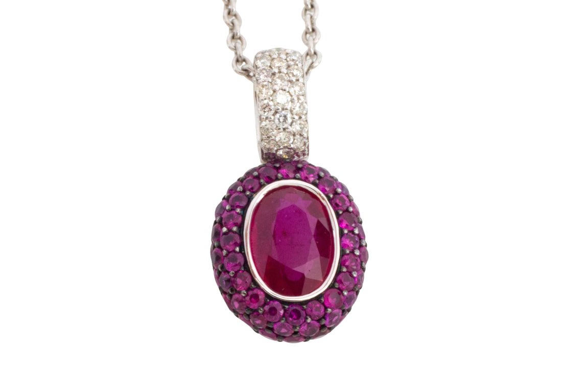 Ruby and diamond pendant in white gold-Pendants-The Antique Ring Shop