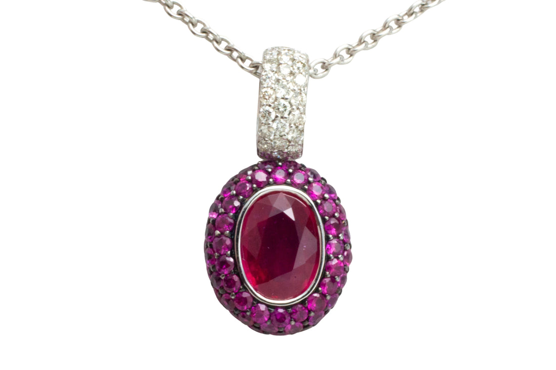 Ruby and diamond pendant in white gold-Pendants-The Antique Ring Shop