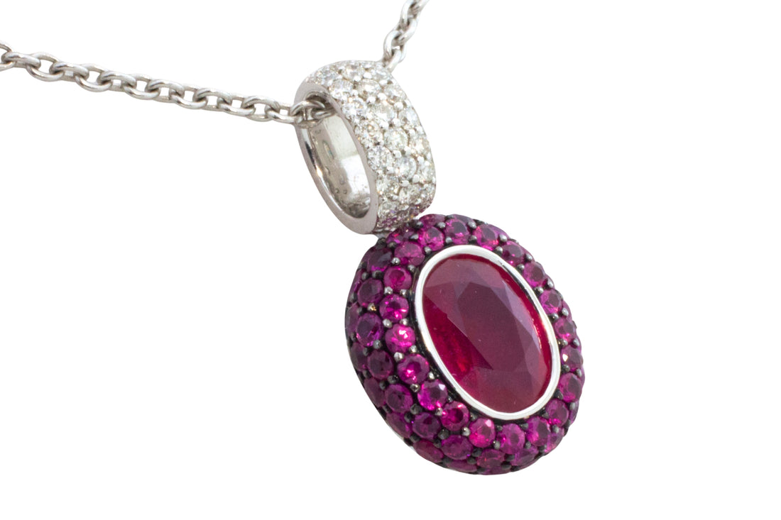 Ruby and diamond pendant in white gold-Pendants-The Antique Ring Shop