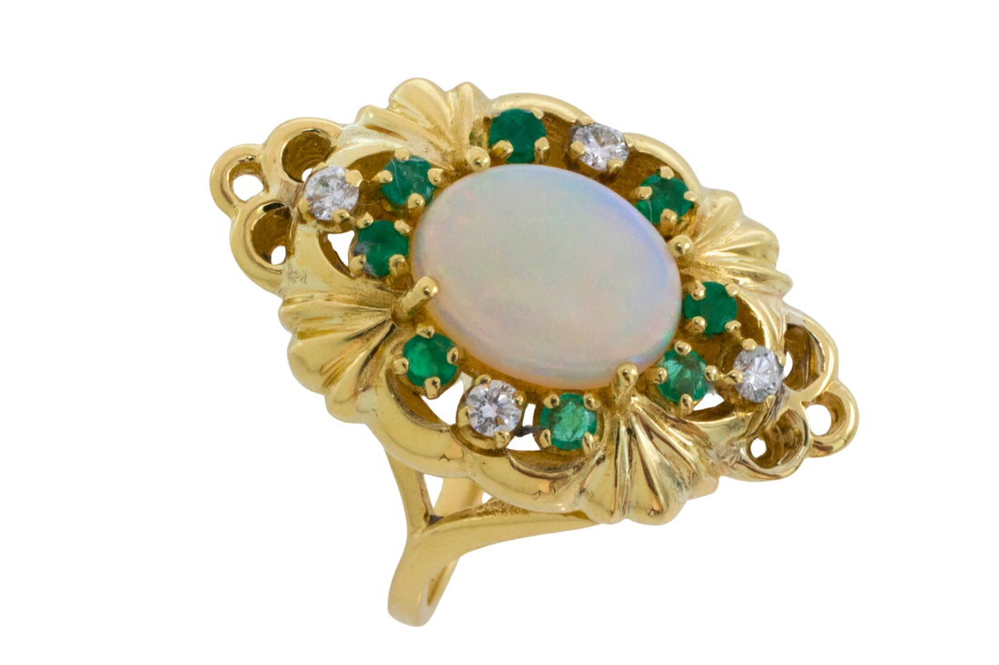 Opal emerald and diamond marquise ring
