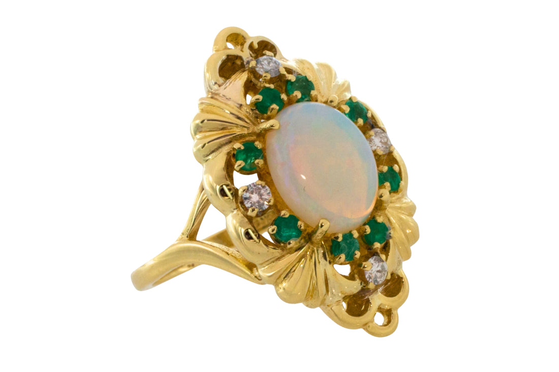 Opal emerald and diamond marquise ring