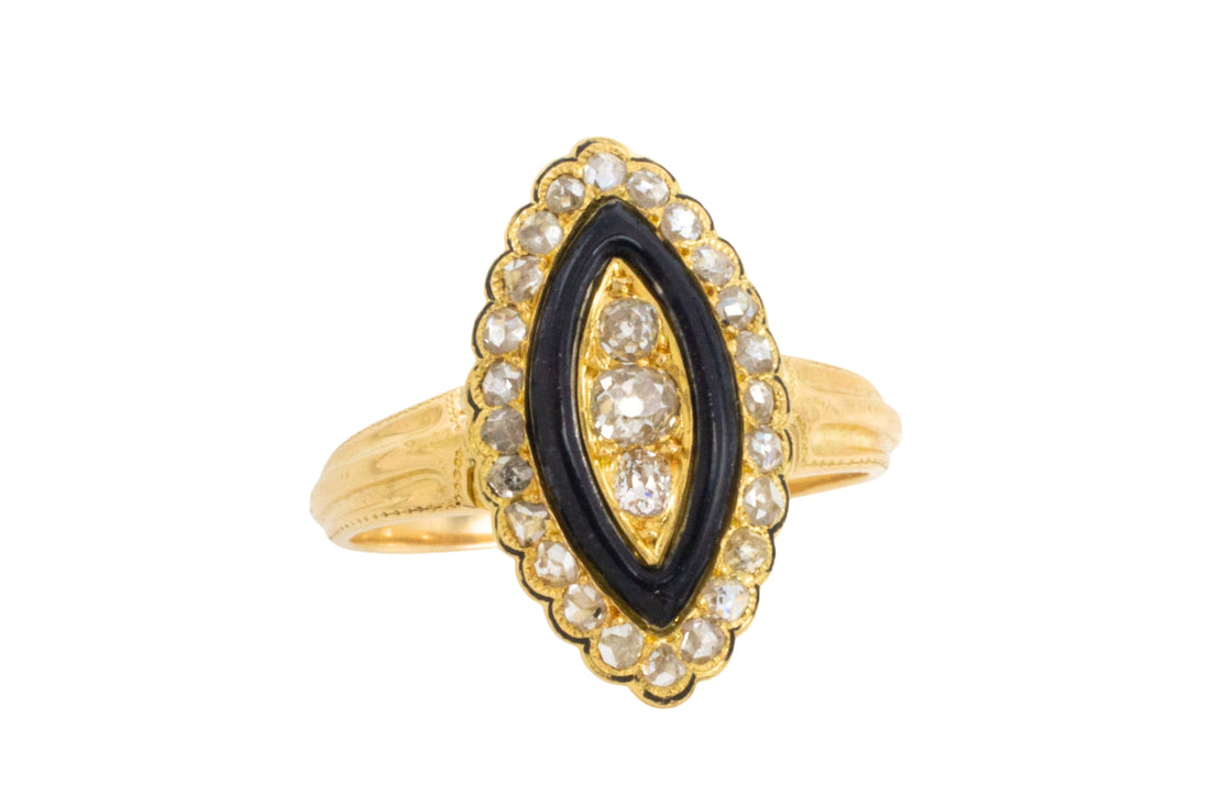 Antique marquise diamond ring with onyx and enamel