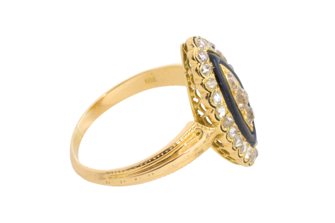 Antique marquise diamond ring with onyx and enamel