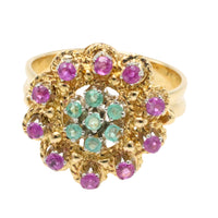 Emerald and ruby cluster ring