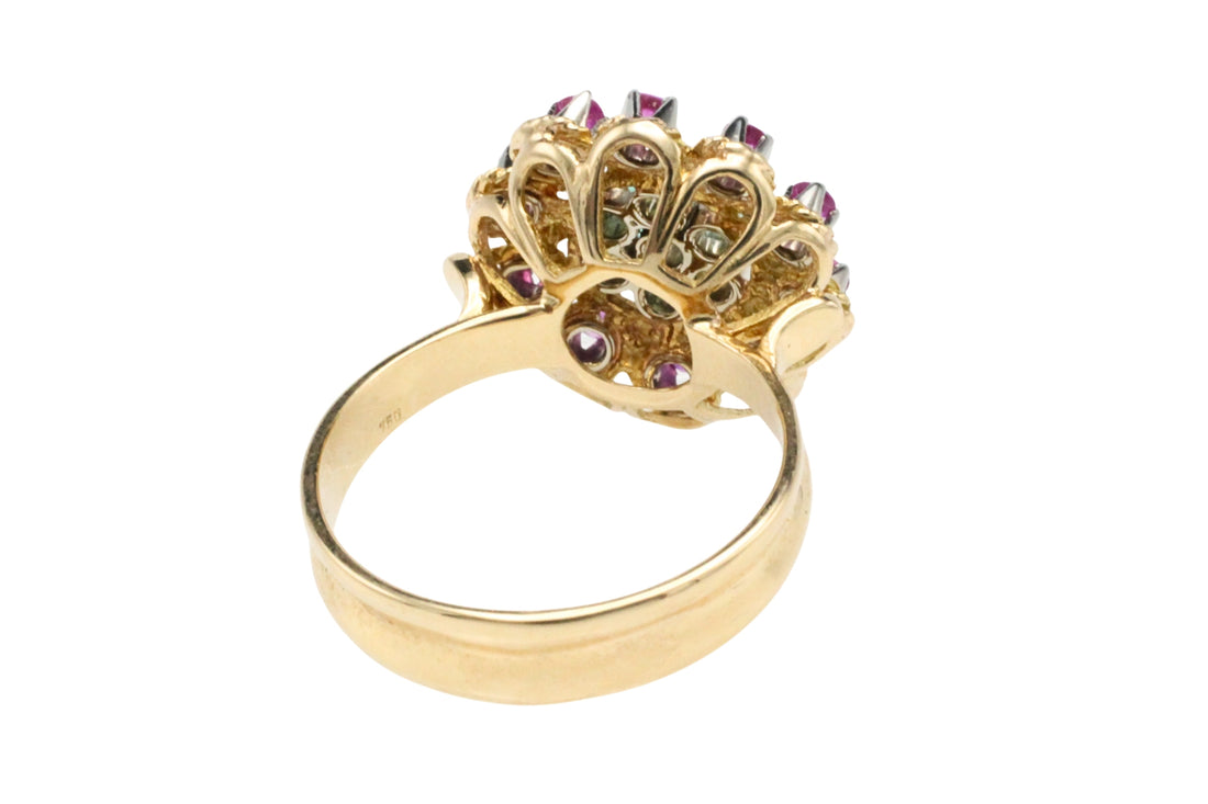Emerald and ruby cluster ring
