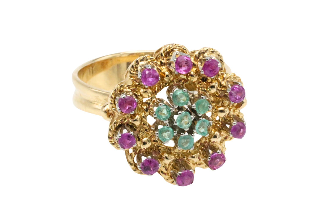 Emerald and ruby cluster ring