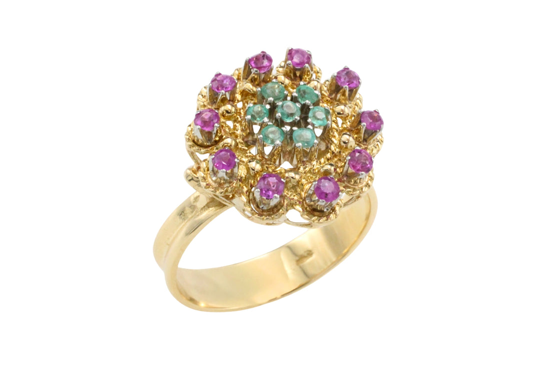 Emerald and ruby cluster ring
